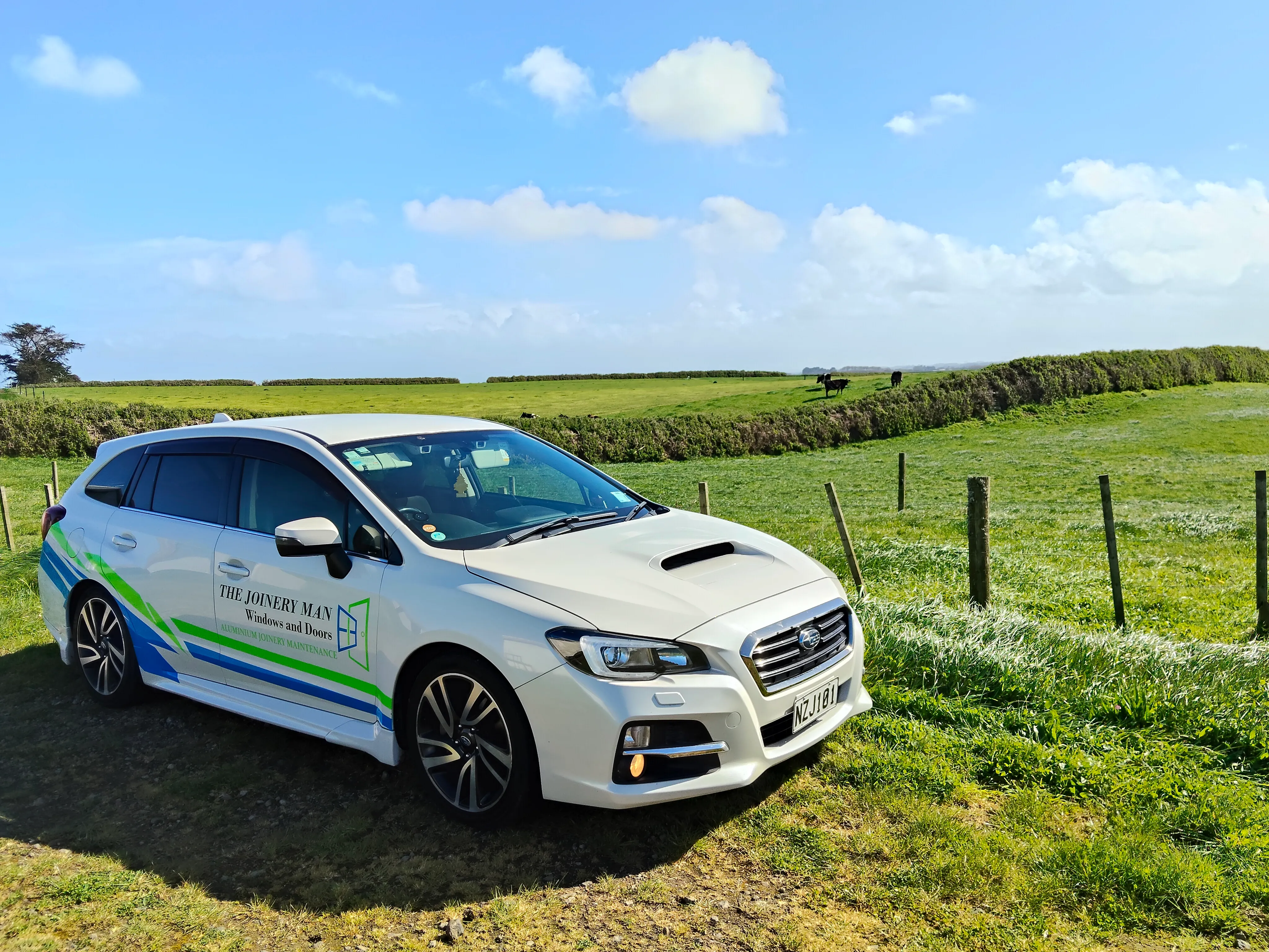 The Joinery Man's newly branded service vehicle in the Taranaki countryside